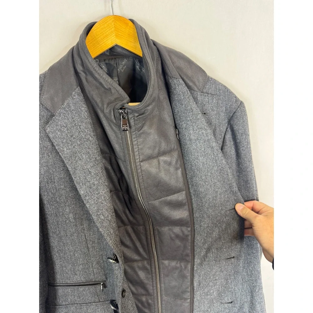 Corneliani ID Grey Wool Cashmere Herringbone Blazer Mock Neck Bib Jacket 54R IT